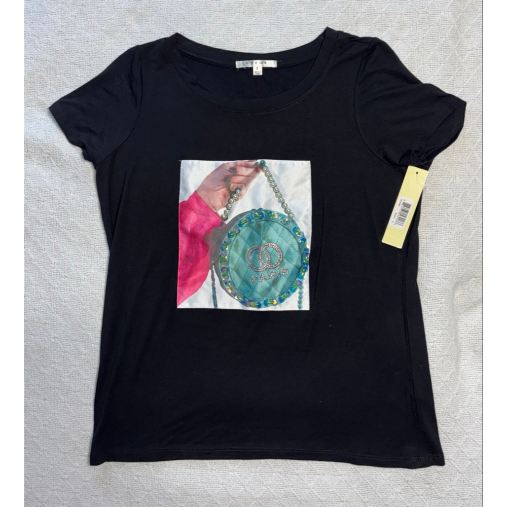Cyrus Black Paris 3D Paris Graphic T-Shirt w/Pearl Beads Rhinestones Size S - Picture 5 of 10